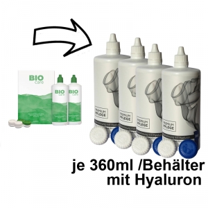 Aus Menicon Bio Care 2x360ml wird Premium Pflege Kombil�sung mit Hyaluron 4x360ml / 4 Beh�lter